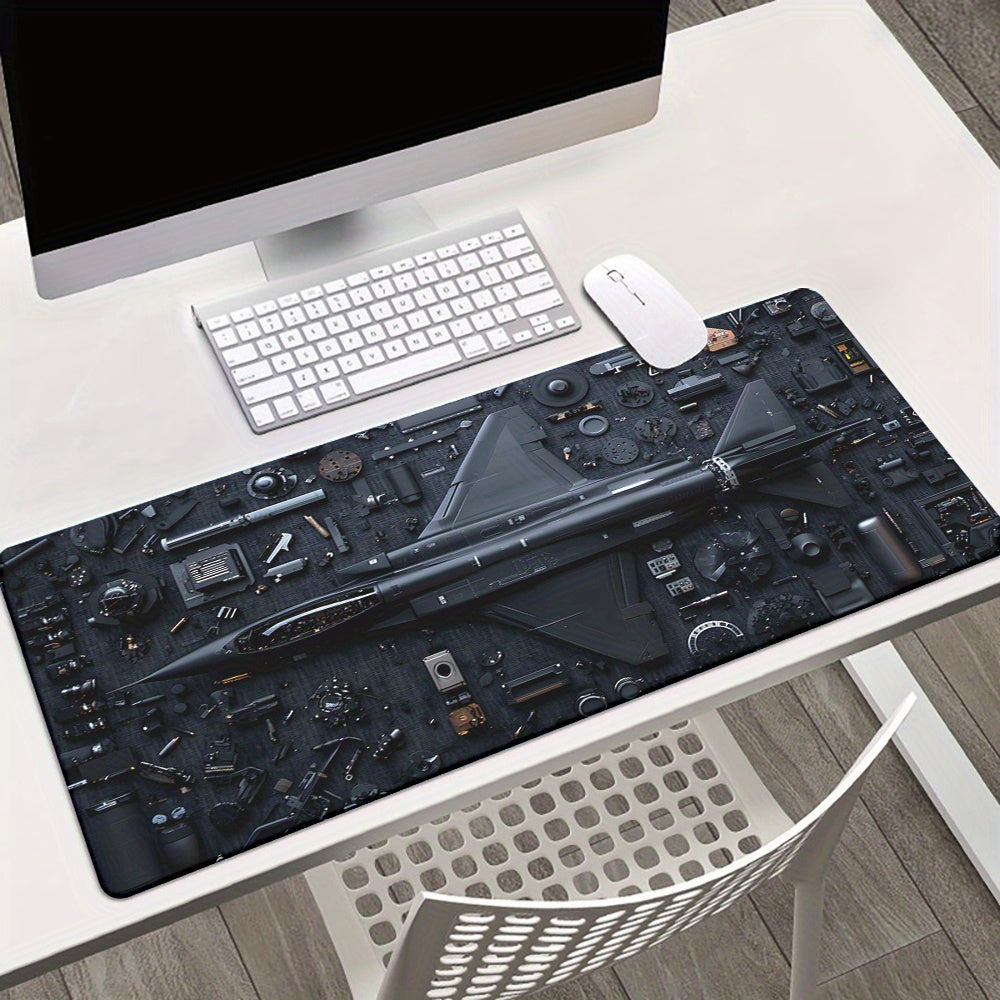Tappetino per scrivania Deskzone™ AeroForce Dark Ops Schematics. Raffigura un jet militare nero con dettagli di progettazione e componenti su sfondo scuro. Perfetto per un look tecnico e sofisticato.
