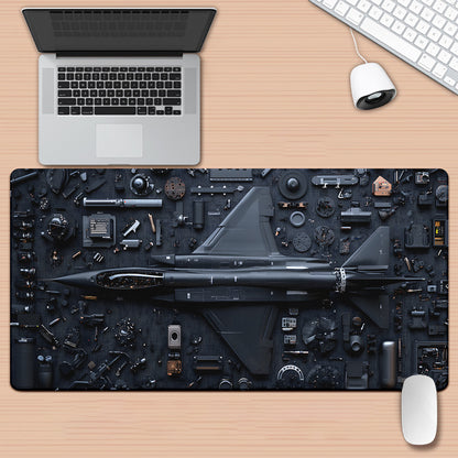 Tappetino per scrivania Deskzone™ AeroForce Industrial Jet. Illustra un caccia in stile blueprint su un sottofondo di ingranaggi e parti meccaniche. Dona un tocco industriale e performante alla tua postazione.