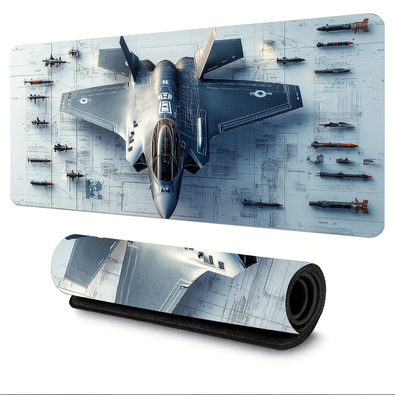 Tappetino per scrivania Deskzone™ AeroForce F-35 Armament Blueprint. Design dettagliato con caccia F-35 e schemi di armamenti aerei, ideale per gamer e appassionati di aviazione militare.