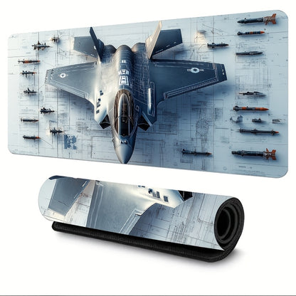 Tappetino per scrivania Deskzone™ AeroForce F-35 Armament Blueprint. Design dettagliato con caccia F-35 e schemi di armamenti aerei, ideale per gamer e appassionati di aviazione militare.