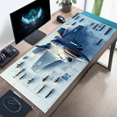 Tappetino per scrivania Deskzone™ F-35 Fighter Jet Blueprint. Design dettagliato con schemi tecnici del caccia F-35, ideale per appassionati di aviazione, ingegneri e gamer che cercano un look autentico e preciso. Superficie ottimizzata per il controllo del mouse.