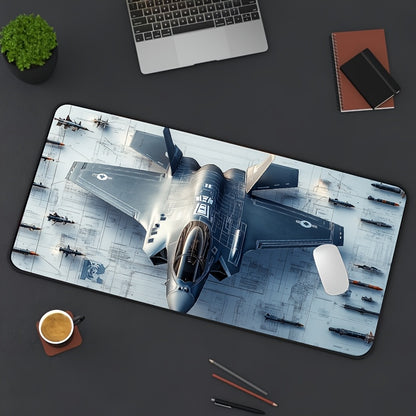 Tappetino per scrivania Deskzone™ AeroForce F-35 Gaming con caccia in volo al tramonto, integrato in un setup gaming moderno. Ottimizzato per controllo preciso e comfort durante le sessioni di gioco.