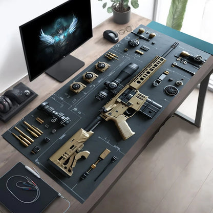 Postazione di lavoro per manutenzione armi con componenti di fucile ordinati su tappetino GunMaster, accanto a monitor, mouse e occhiali.
