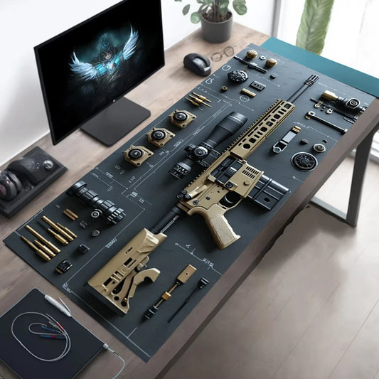 Postazione di lavoro per manutenzione armi con componenti di fucile ordinati su tappetino GunMaster, accanto a monitor, mouse e occhiali.